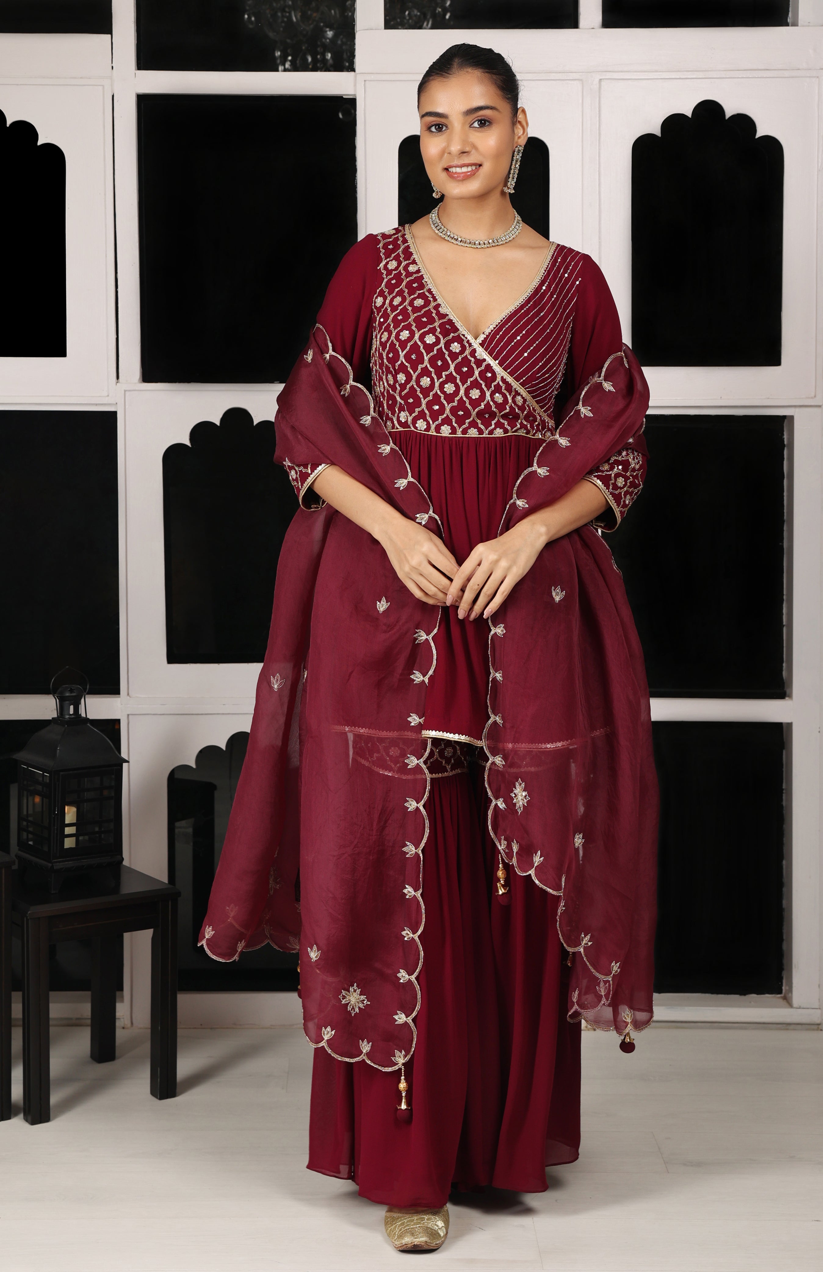 Maroon Embroidered Kurta Sharara Set