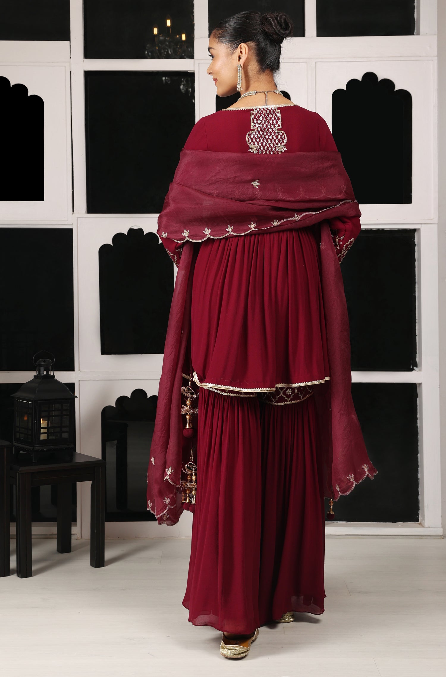 Maroon Embroidered Kurta Sharara Set