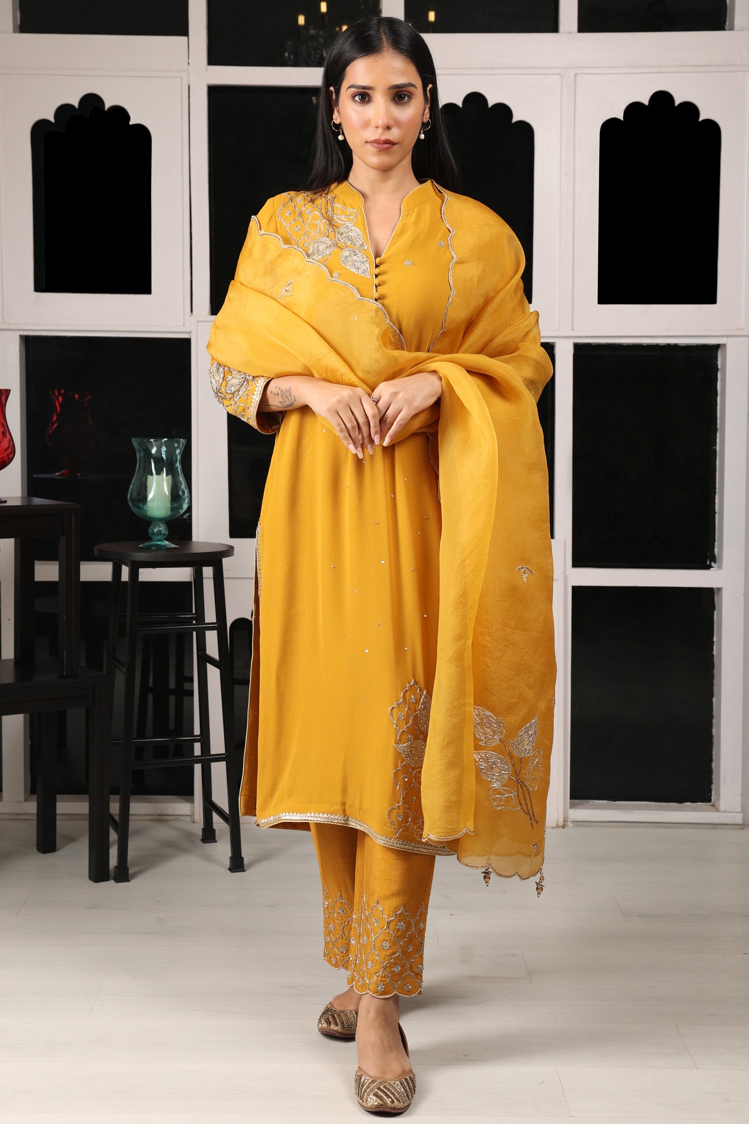 Yellow Mustard Embroidered Kurta Set