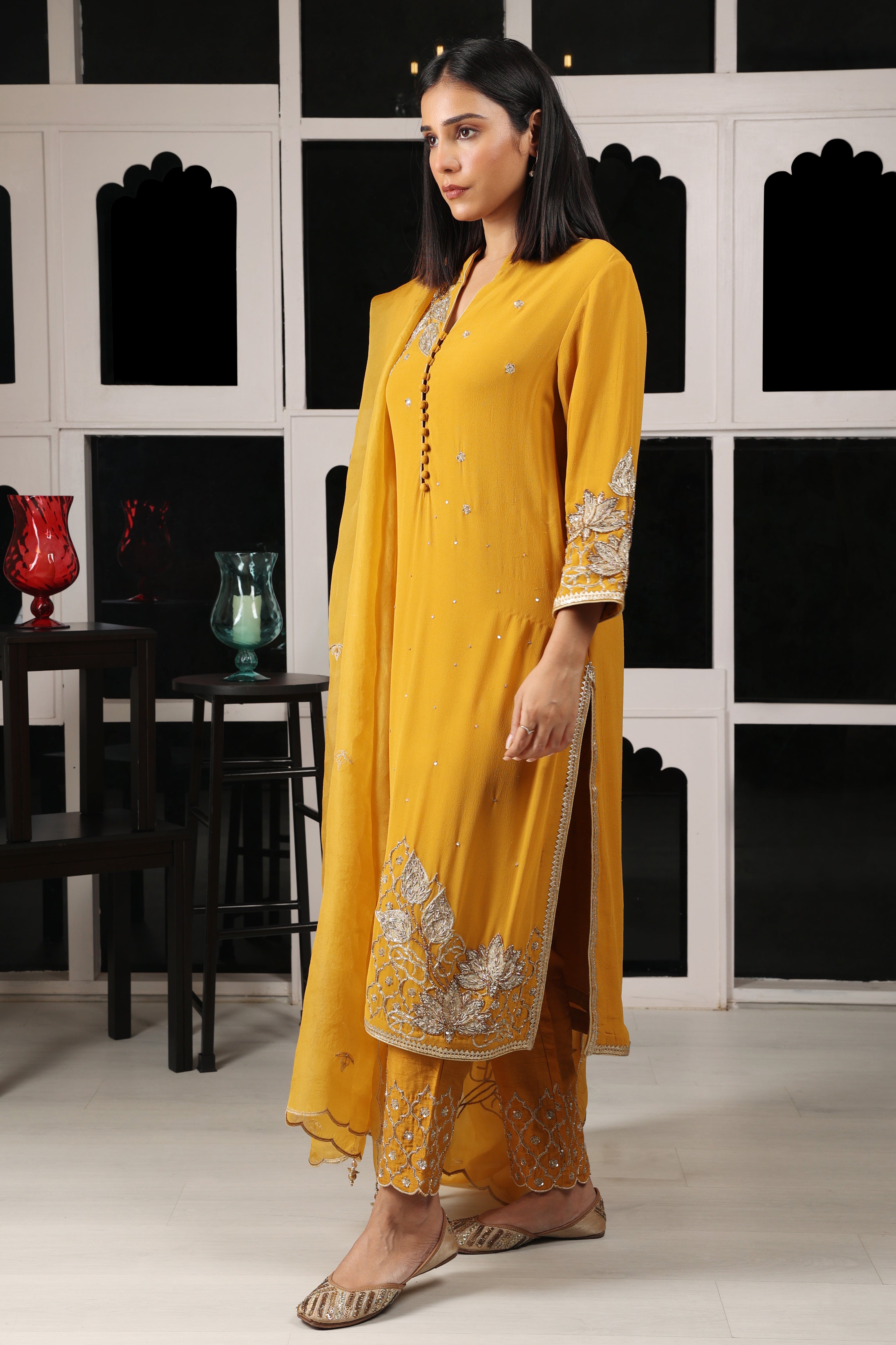 Yellow Mustard Embroidered Kurta Set