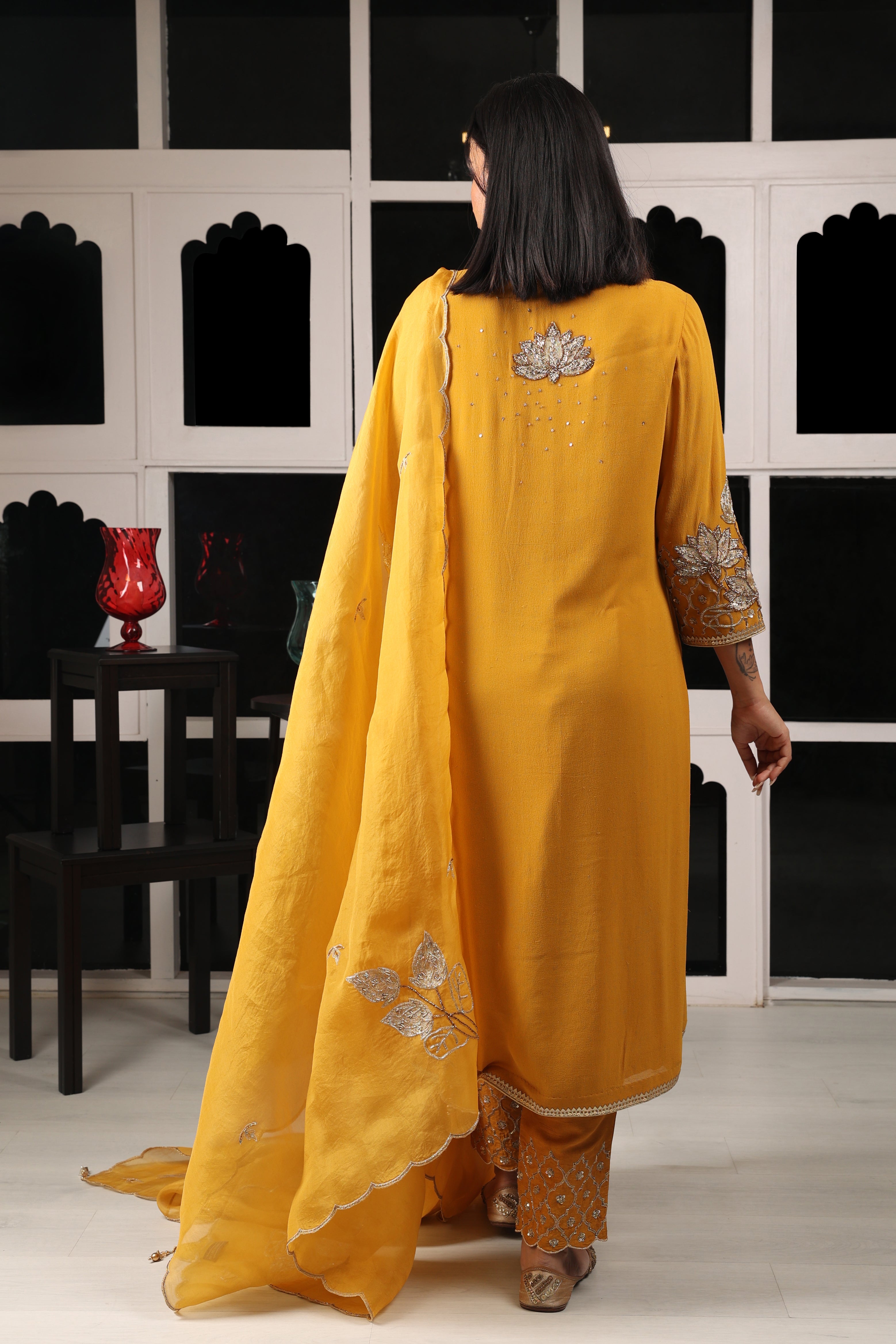 Yellow Mustard Embroidered Kurta Set