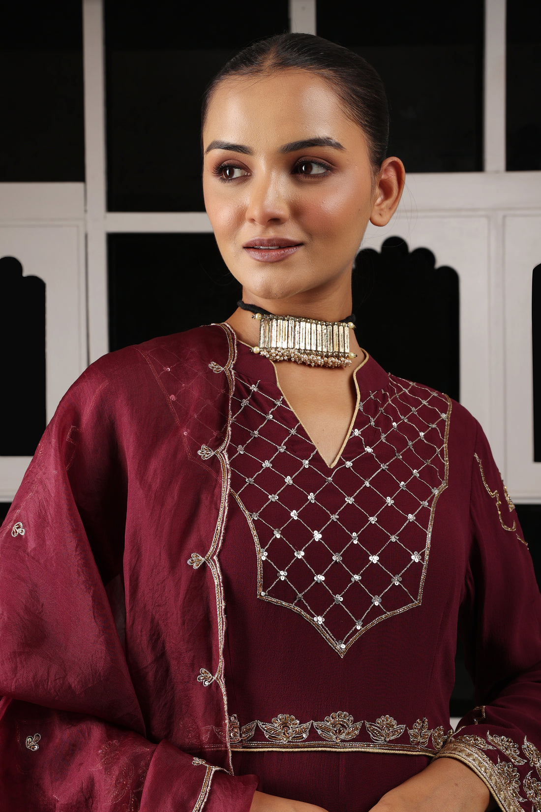 Maroon Embroidered Stylised Anarkali Set