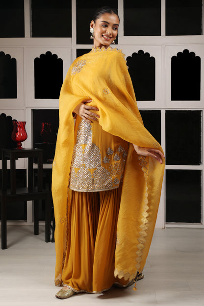 Yellow Mustard Embroidered Kurta Sharara Set