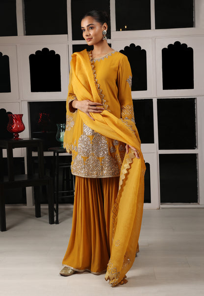 Yellow Mustard Embroidered Kurta Sharara Set