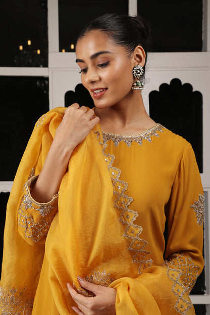 Yellow Mustard Embroidered Kurta Sharara Set