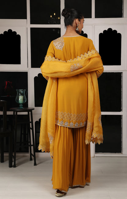 Yellow Mustard Embroidered Kurta Sharara Set