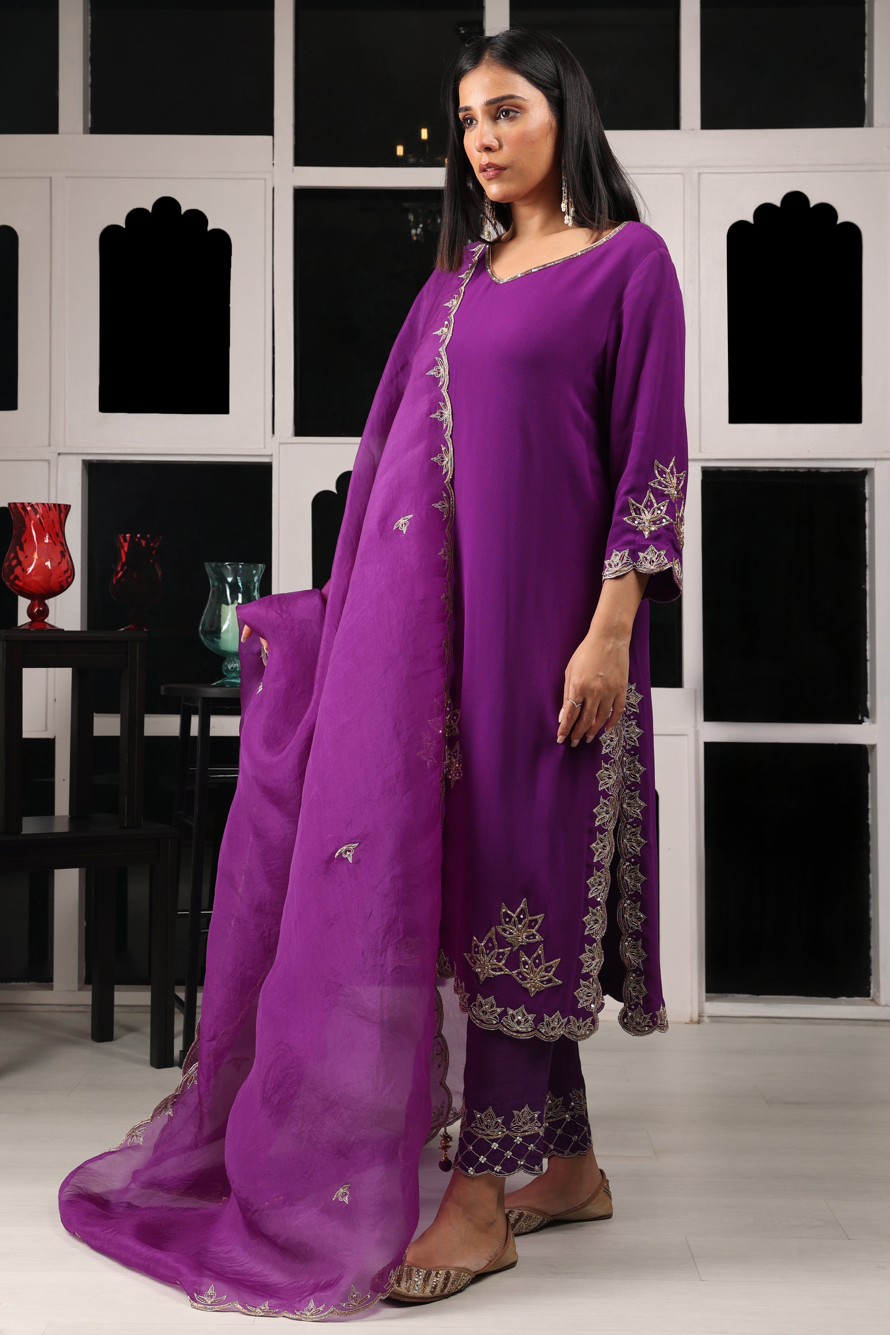 Purple Embroidered Kurta Set