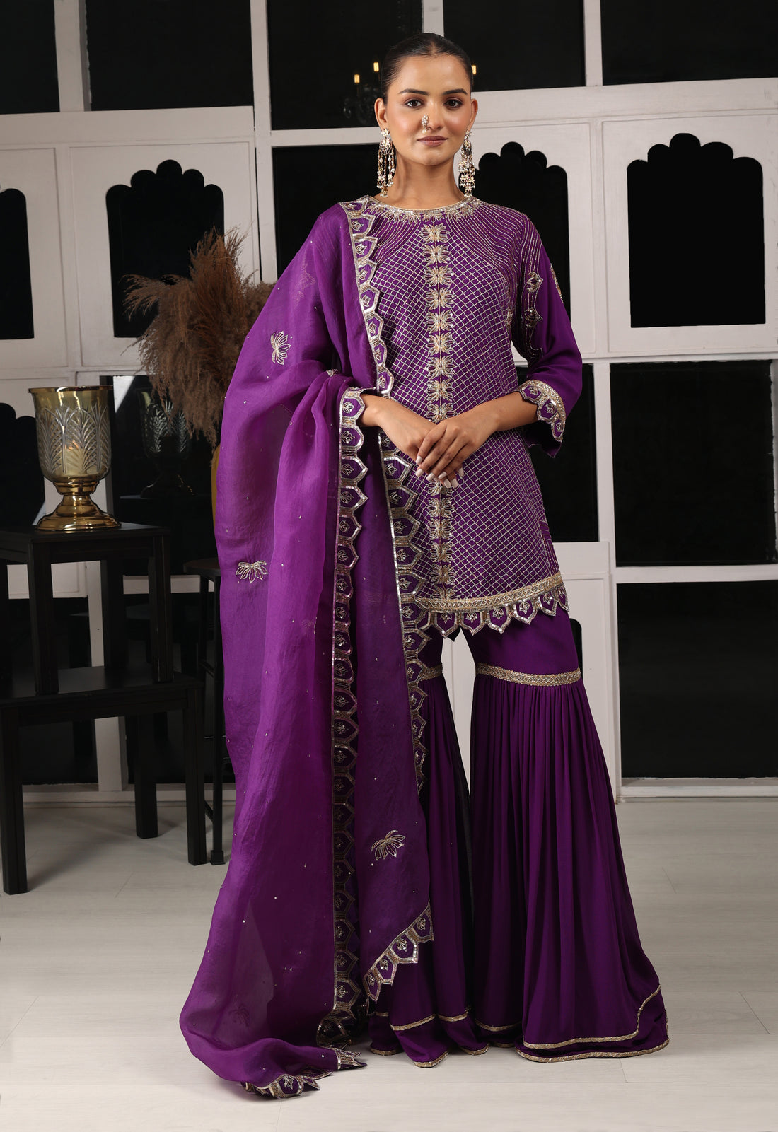 Purple Embroidered Kurta Sharara Set