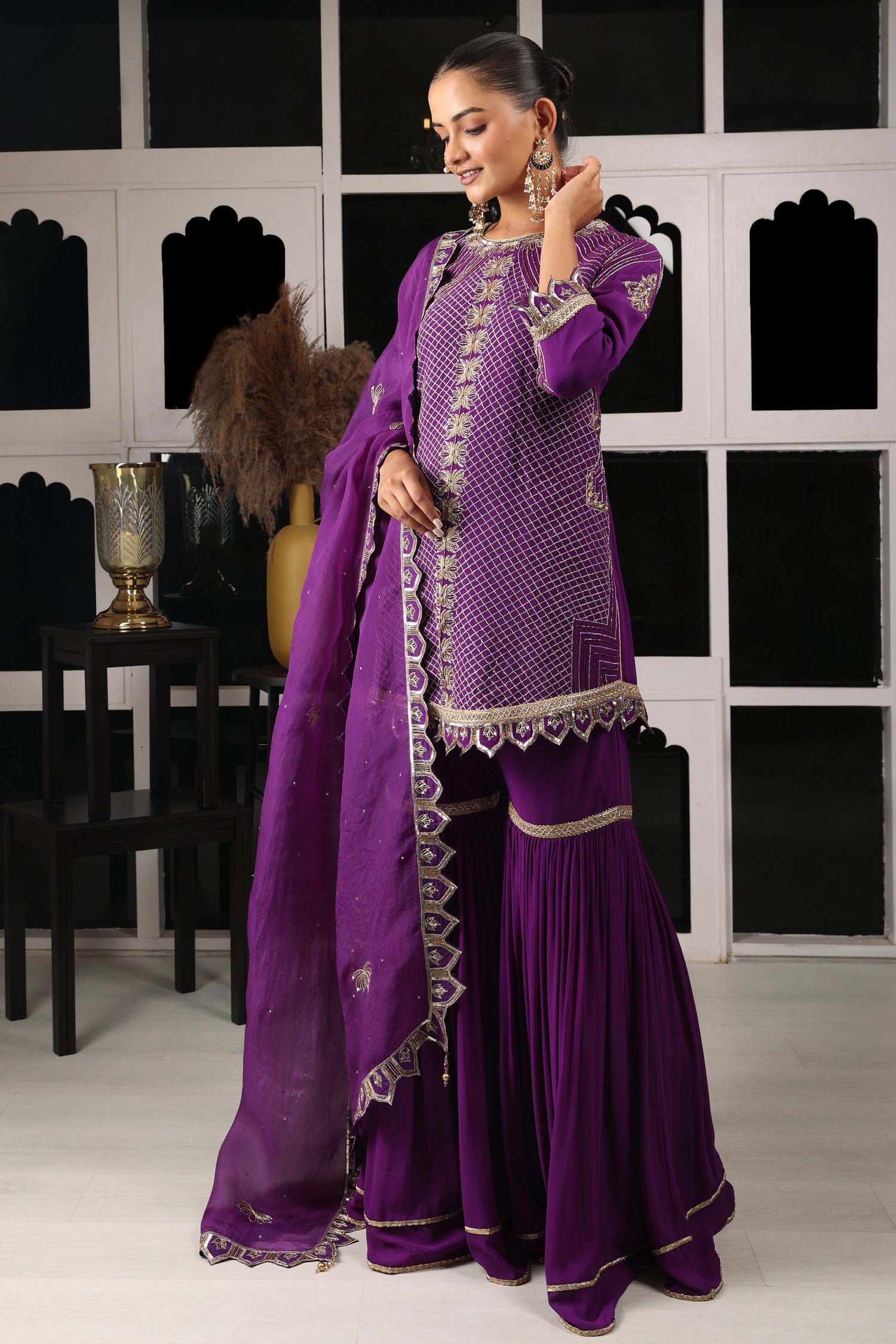 Purple Embroidered Kurta Sharara Set