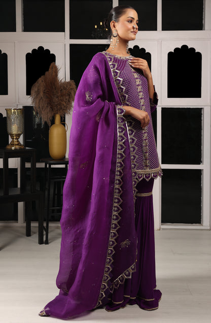 Purple Embroidered Kurta Sharara Set