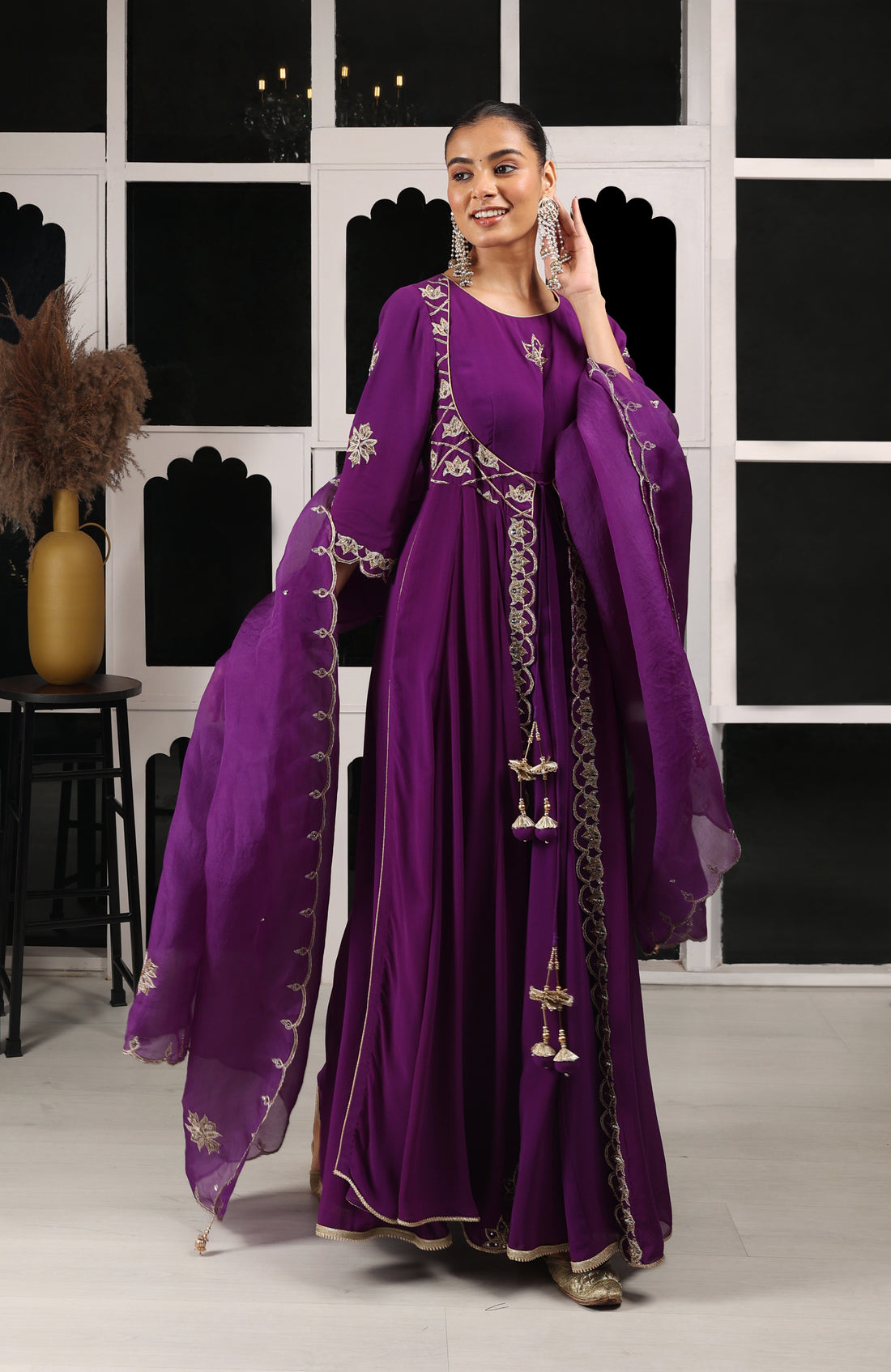 Purple Embroidered Stylised Anarkali Set