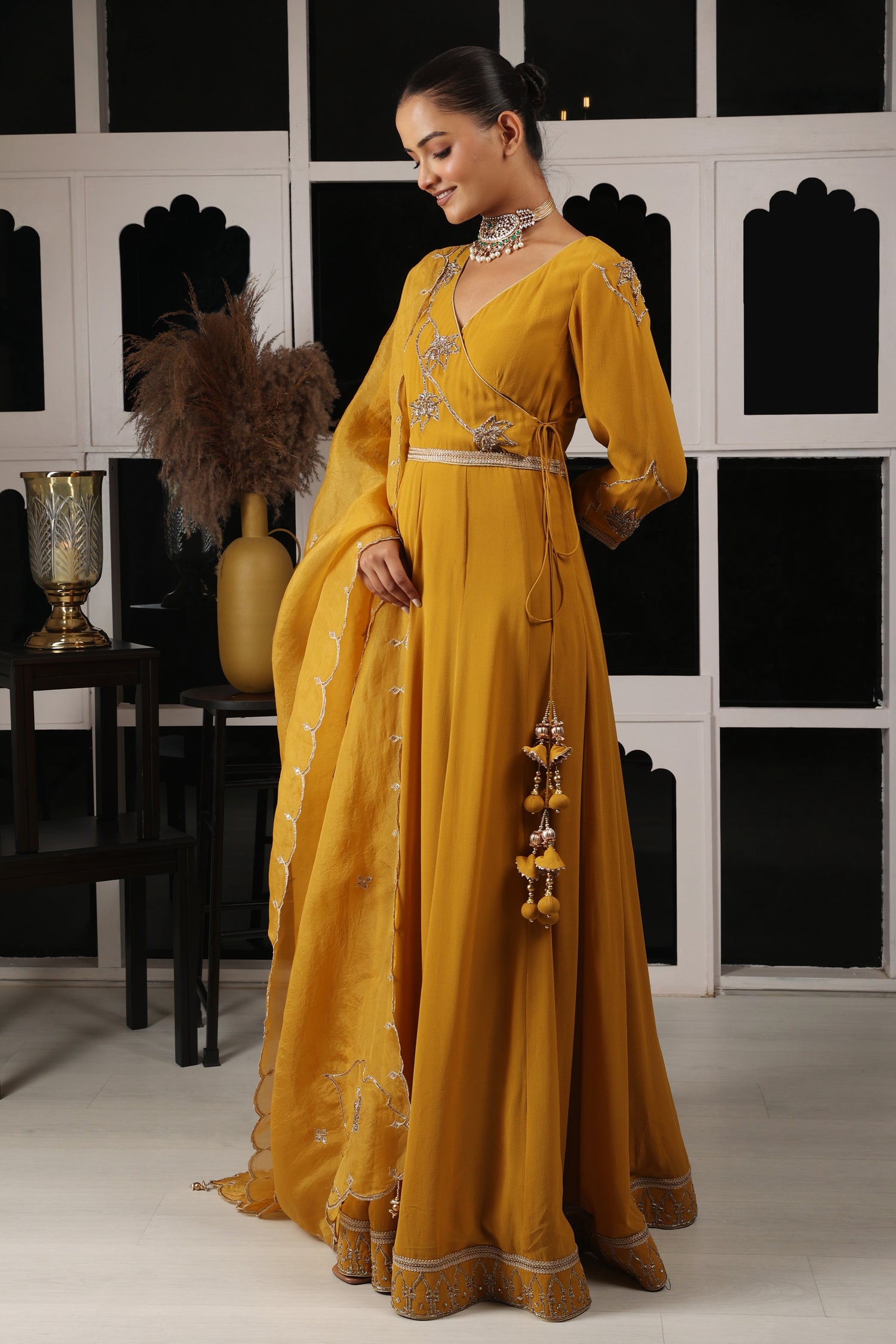 Yellow Mustard Embroidered Stylised Anarkali Set