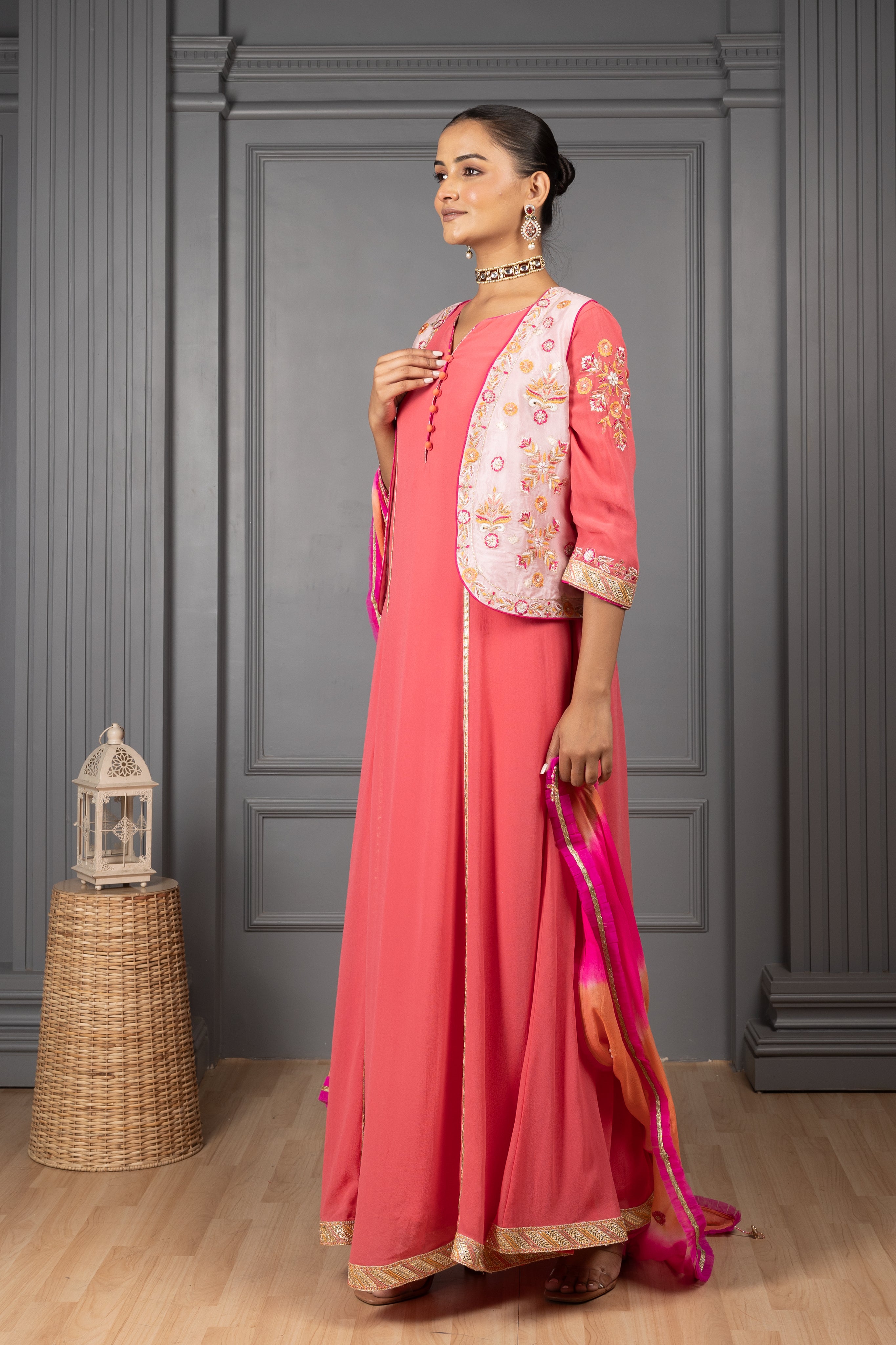 Peach Red Embroidered Kalidar Set with Embroidered Koti