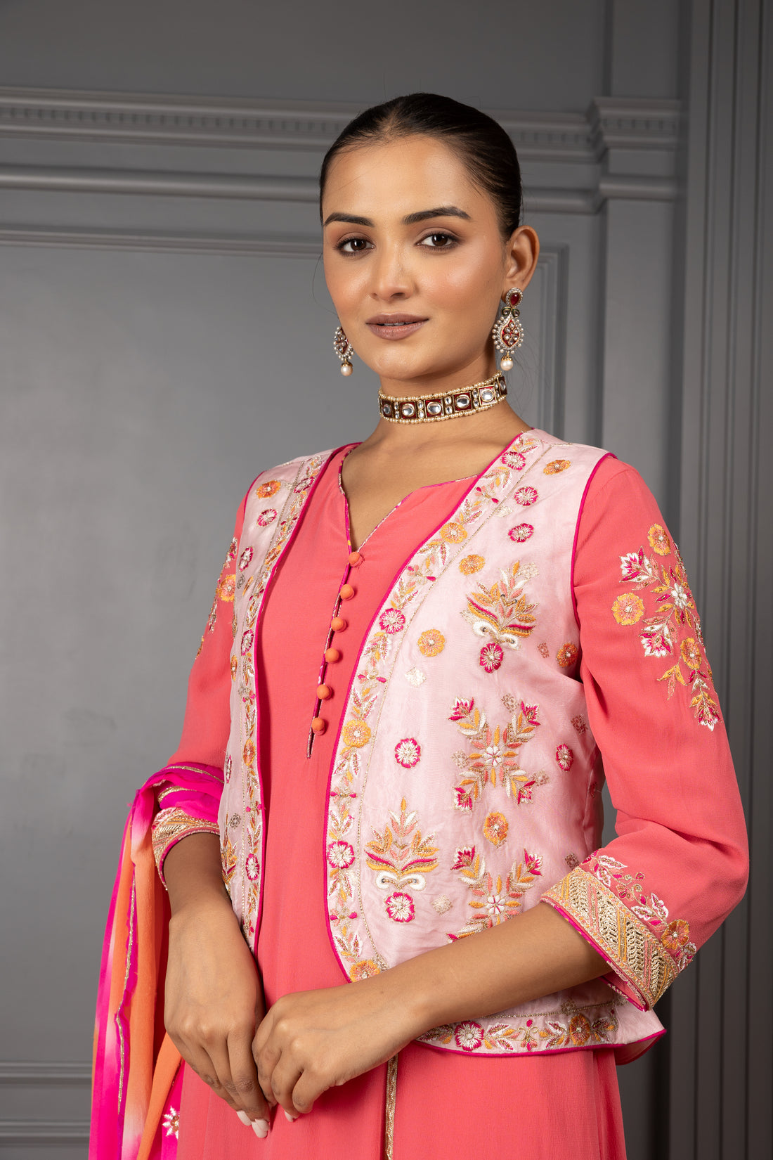 Peach Red Embroidered Kalidar Set with Embroidered Koti