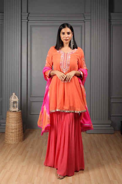 Orange Embroidered Kalidar Kurta Set