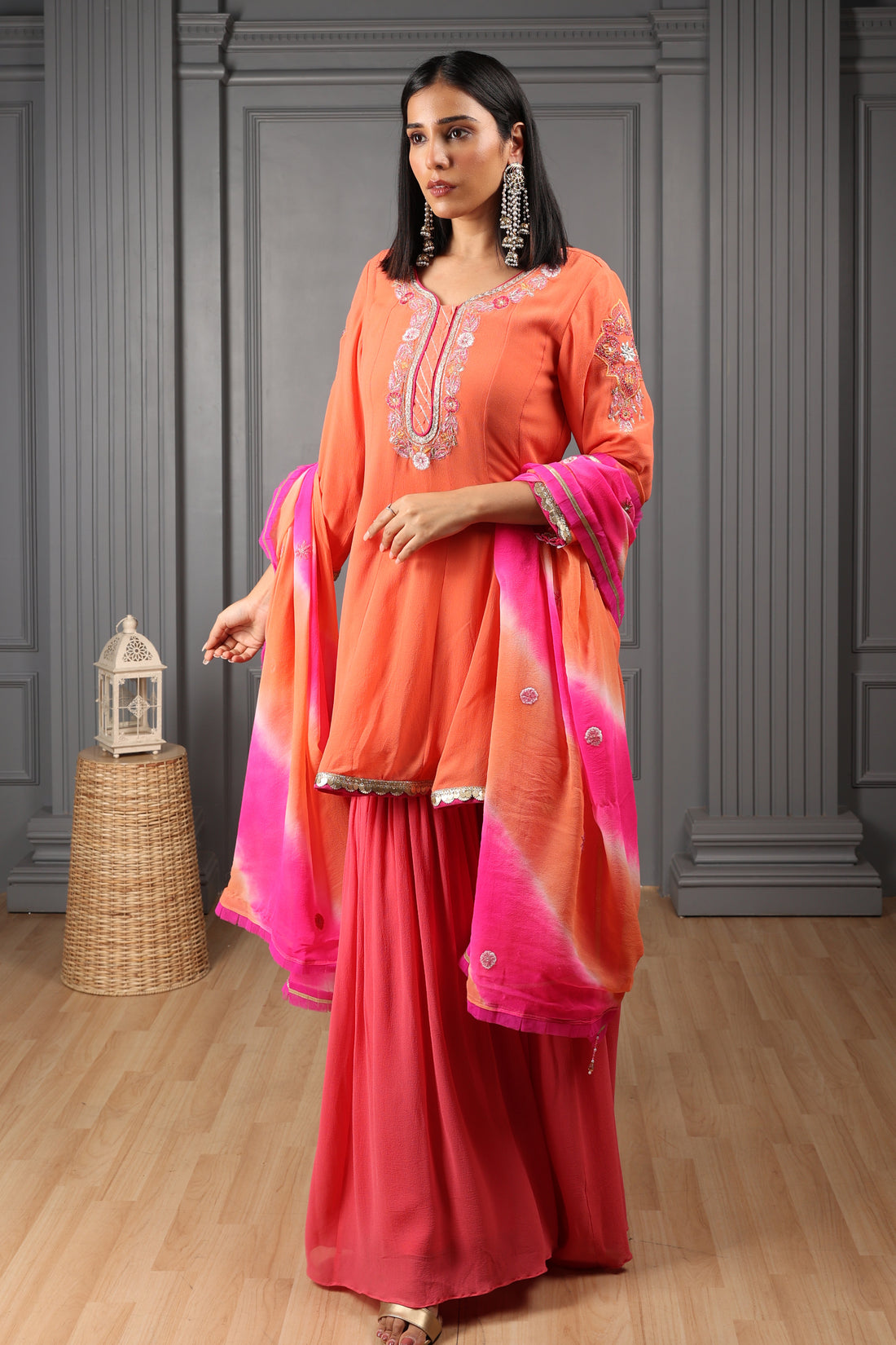 Orange Embroidered Kalidar Kurta Set