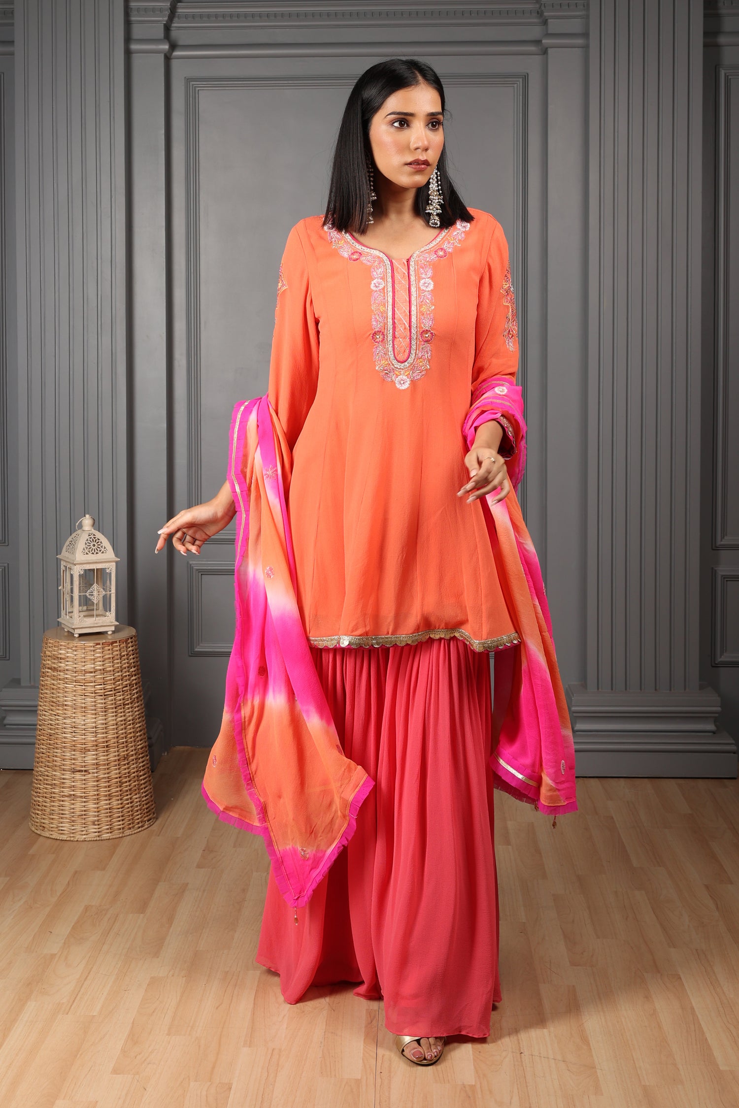 Orange Embroidered Kalidar Kurta Set