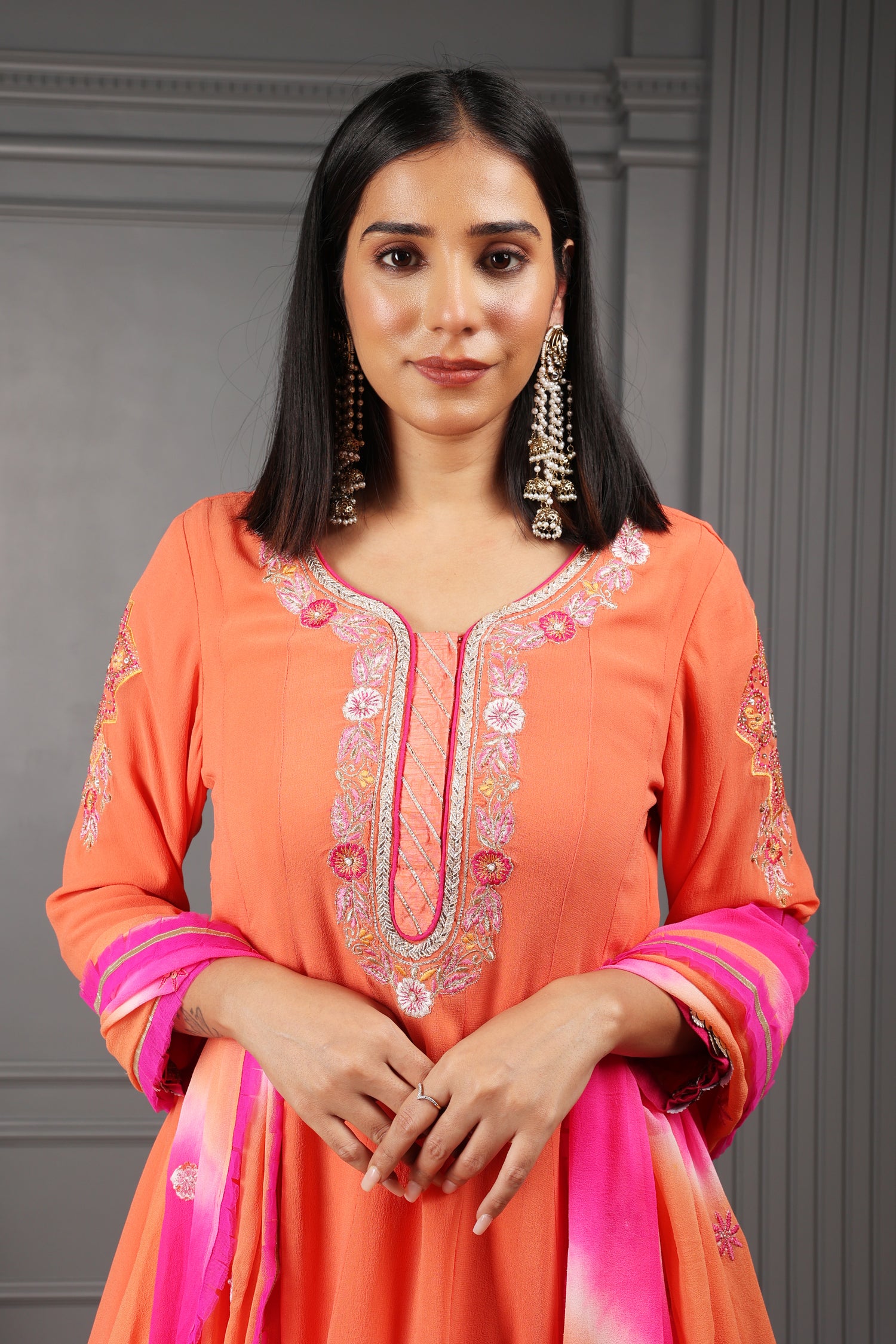 Orange Embroidered Kalidar Kurta Set