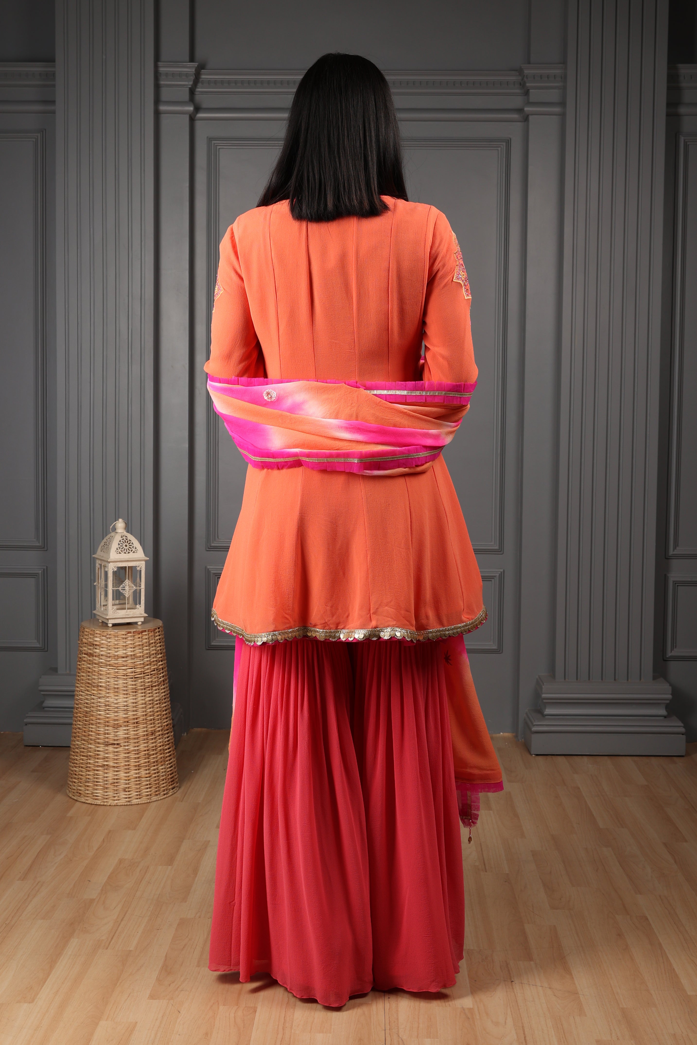 Orange Embroidered Kalidar Kurta Set