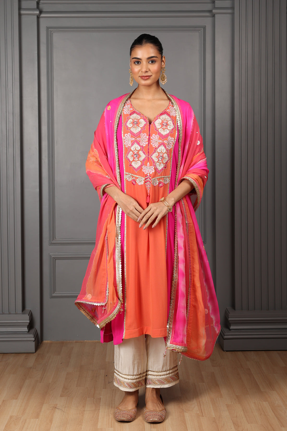 Fushia Pink and Orange Embroidered Stylised Kurta Set