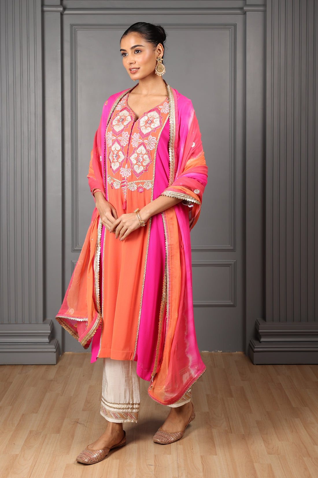 Fushia Pink and Orange Embroidered Stylised Kurta Set