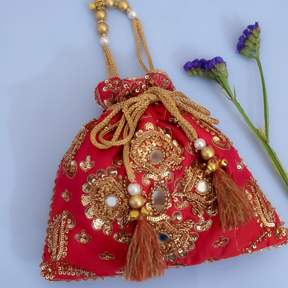 Red Raw Silk Embroidered Potli Bag