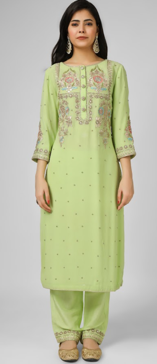 Lime Green Embroidered Georgette  Kurta Suit Set