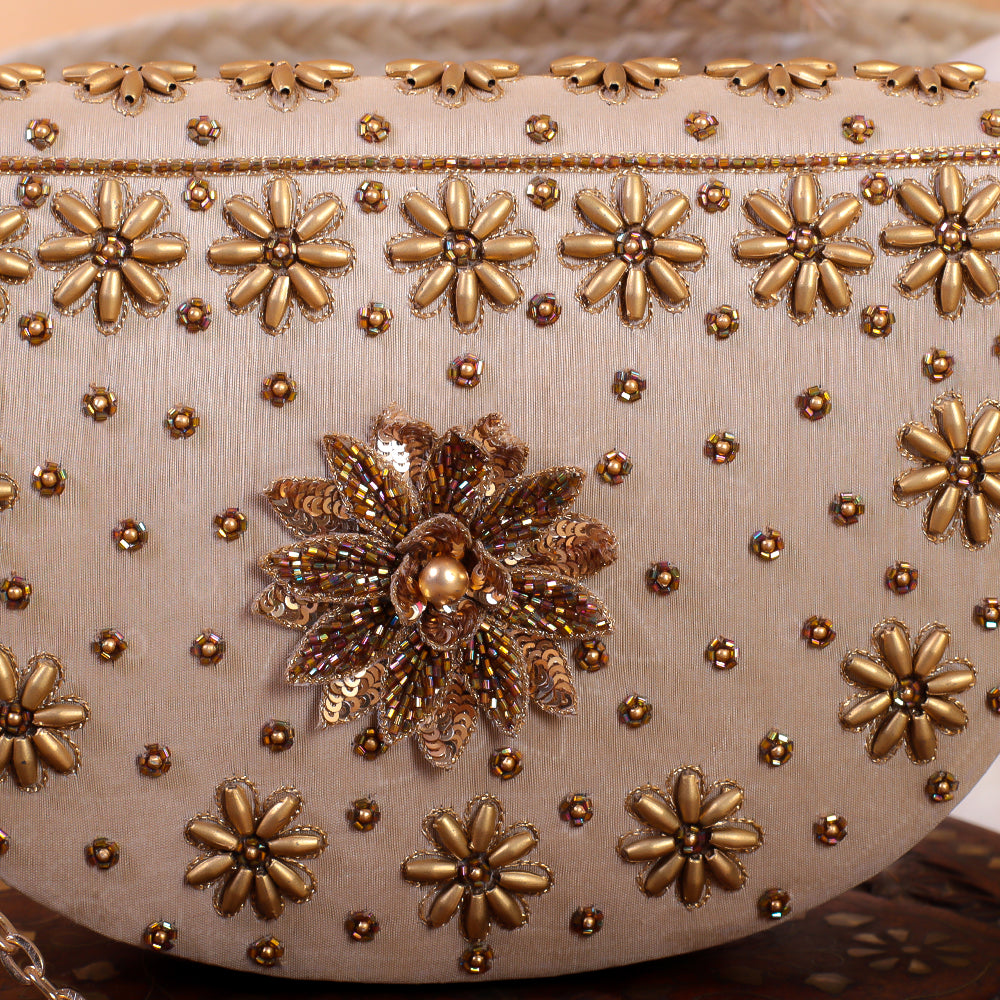 Gold Silk Tissue Hand Embroidery Clutch