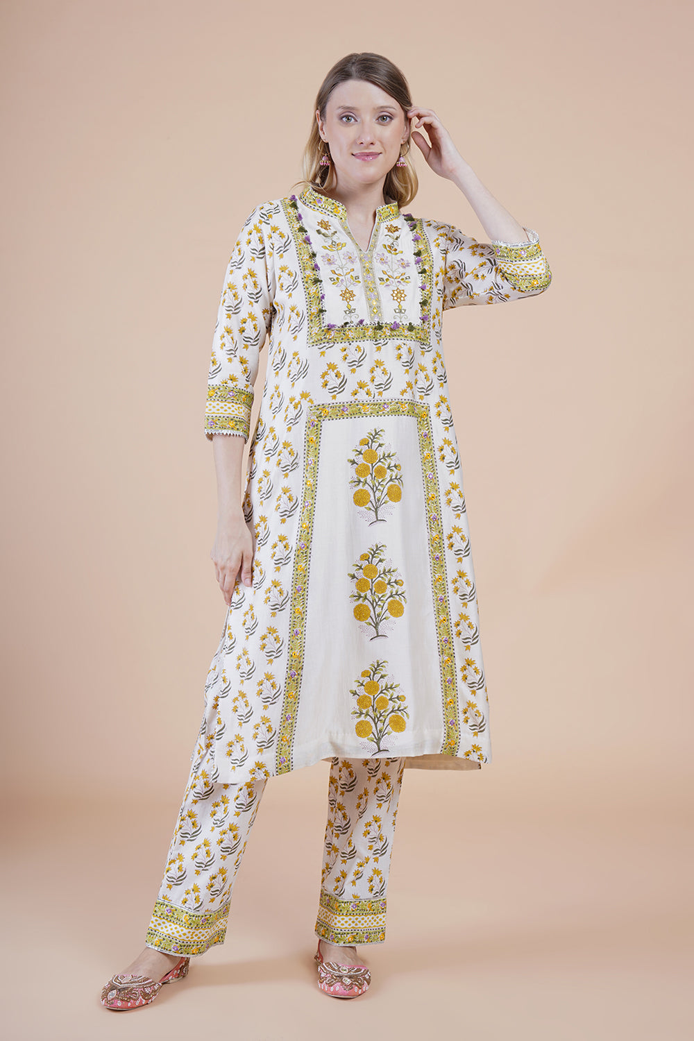 Off white block print with embroidered Kurta Set