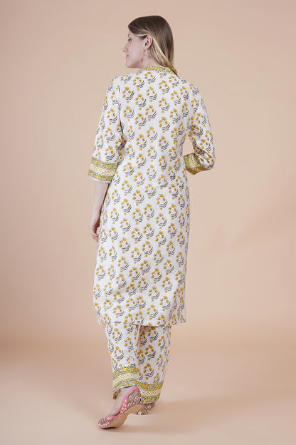 Off white block print with embroidered Kurta Set