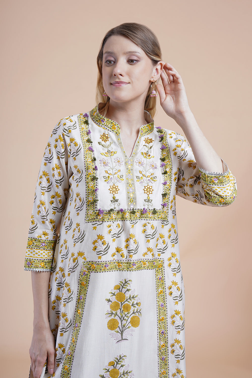 Off white block print with embroidered Kurta Set