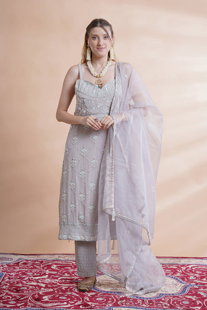 Grey Georgette Incut Kurta Set