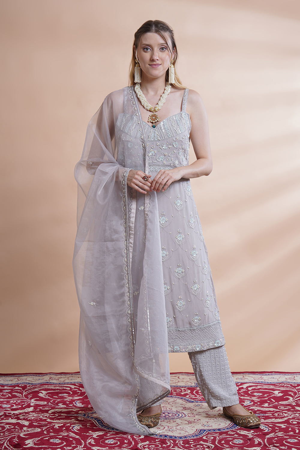 Grey Georgette Incut Kurta Set