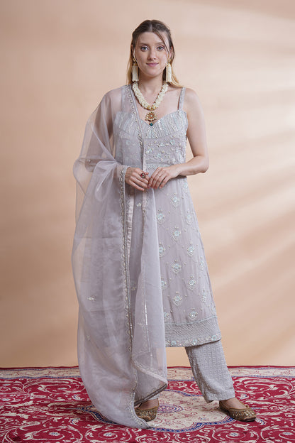 Grey Georgette Incut Kurta Set