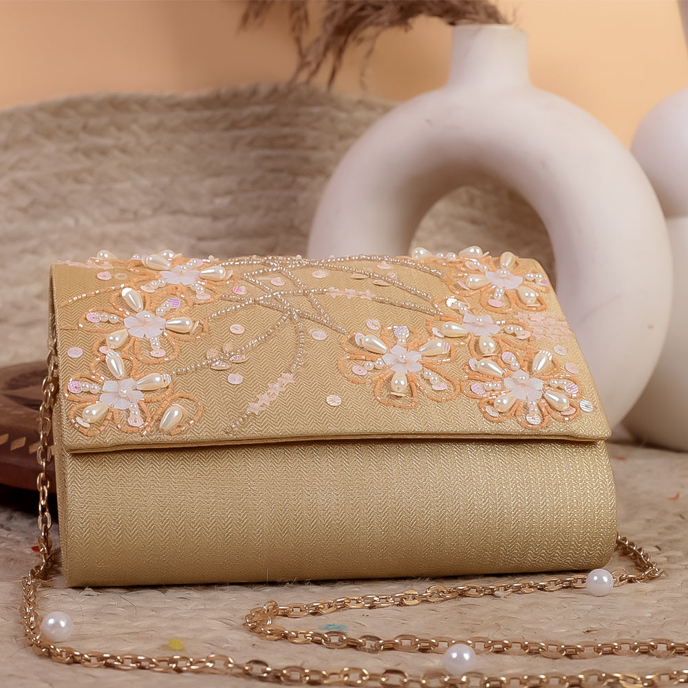 Gold Silk Brocade Hand Embroidery Clutch