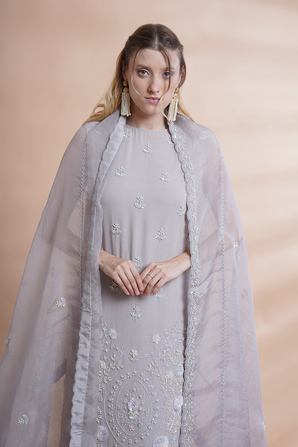 Grey Georgette Incut Kurta Set