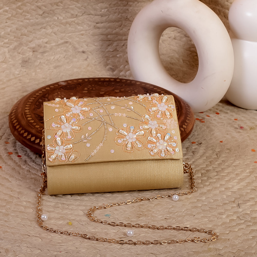 Gold Silk Brocade Hand Embroidery Clutch