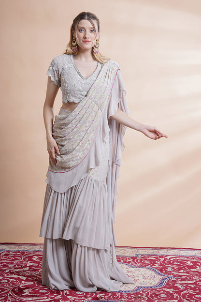 Grey Georgette Drape Saree Set