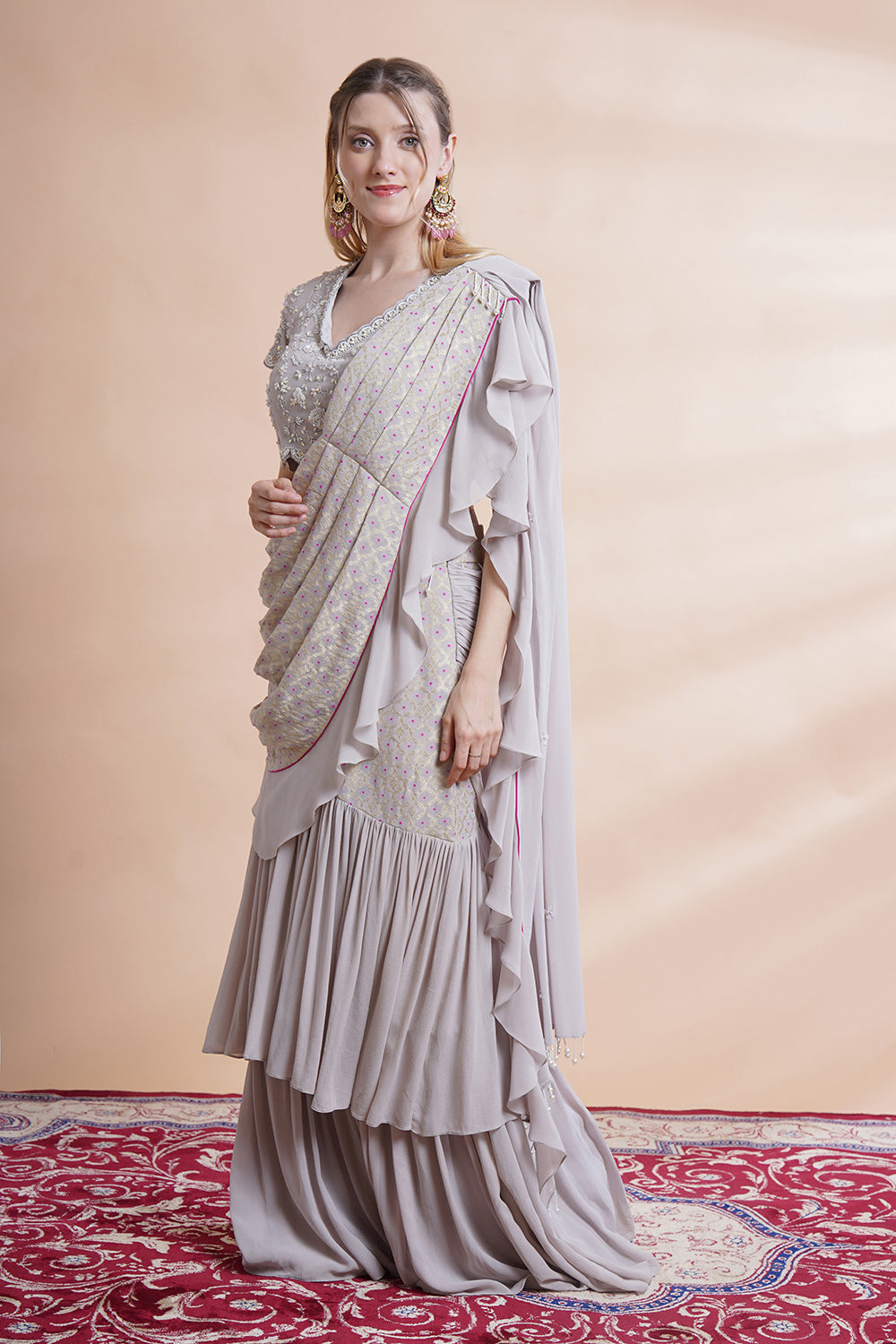 Grey Georgette Drape Saree Set