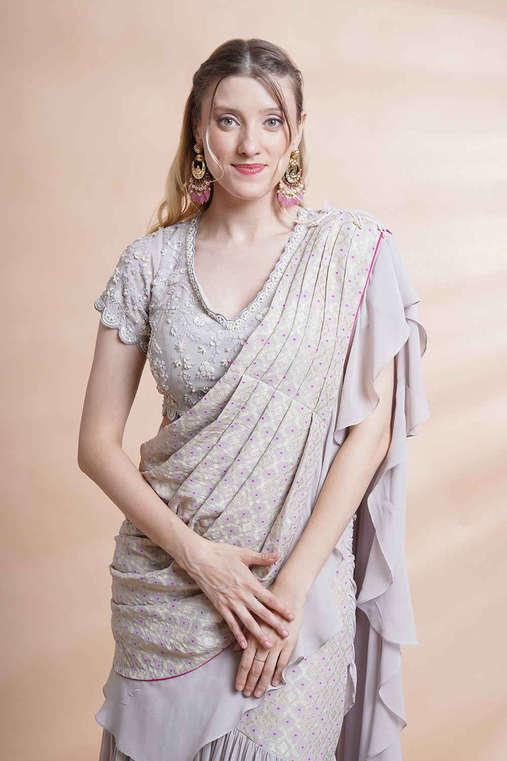 Grey Georgette Drape Saree Set