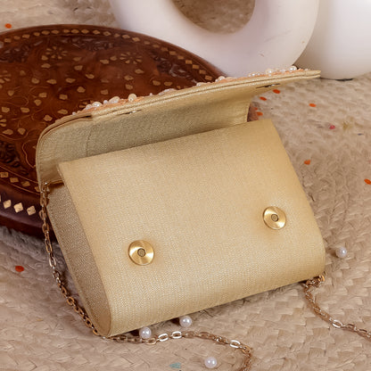 Gold Silk Brocade Hand Embroidery Clutch