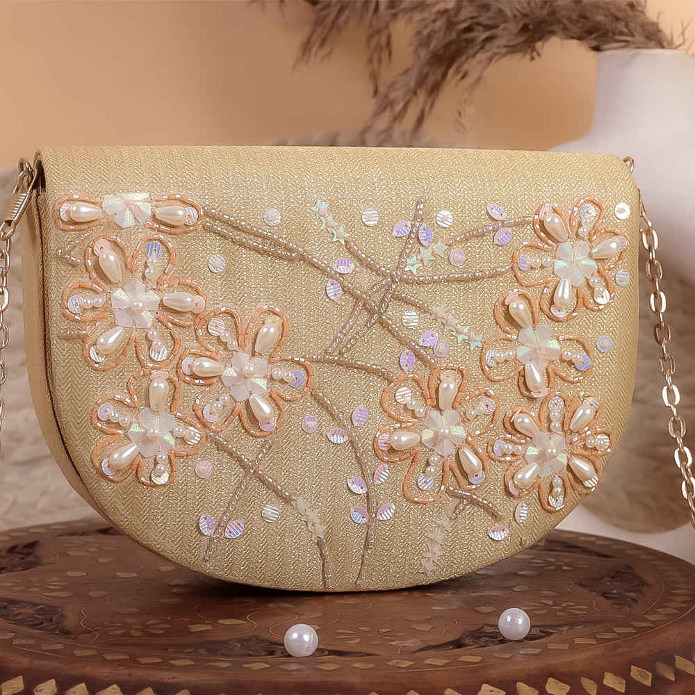 Gold Silk Brocade Hand Embroidery Clutch