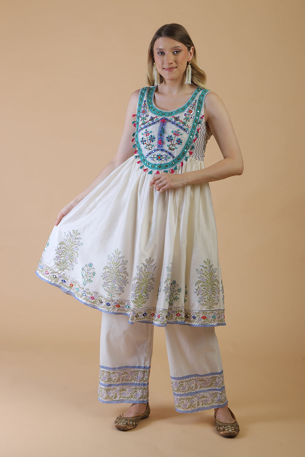 Off white block print with embroidered stylised Kurta Set