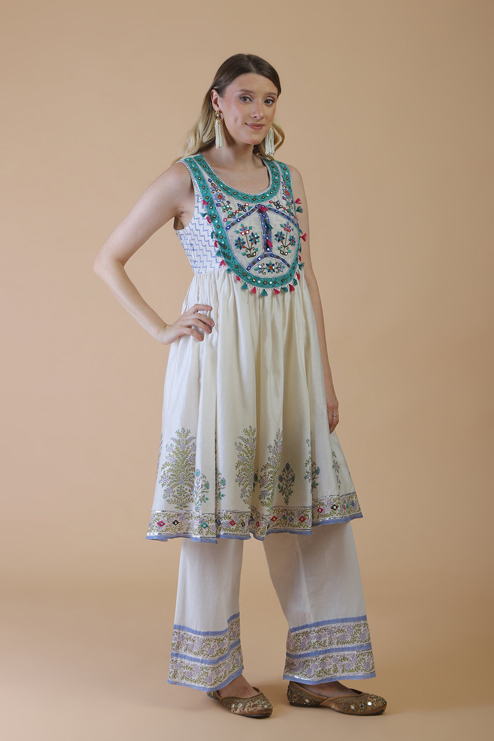 Off white block print with embroidered stylised Kurta Set