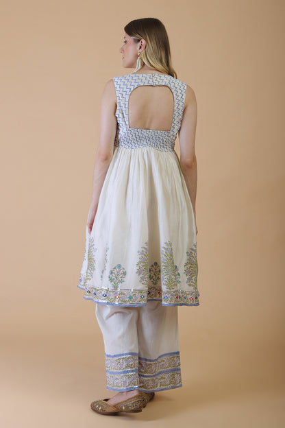 Off white block print with embroidered stylised Kurta Set