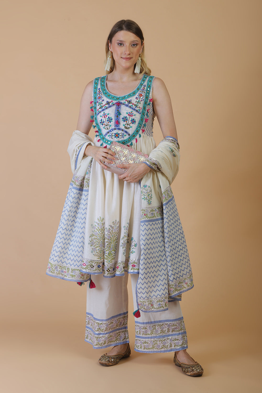 Off white block print with embroidered stylised Kurta Set