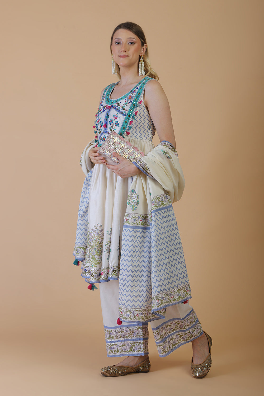Off white block print with embroidered stylised kurta suit set