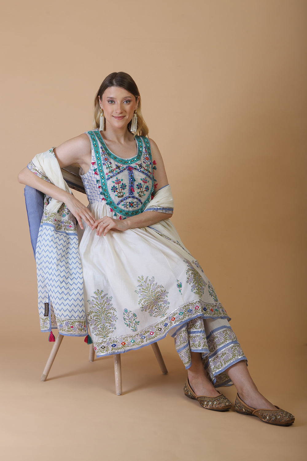 Off white block print with embroidered stylised Kurta Set