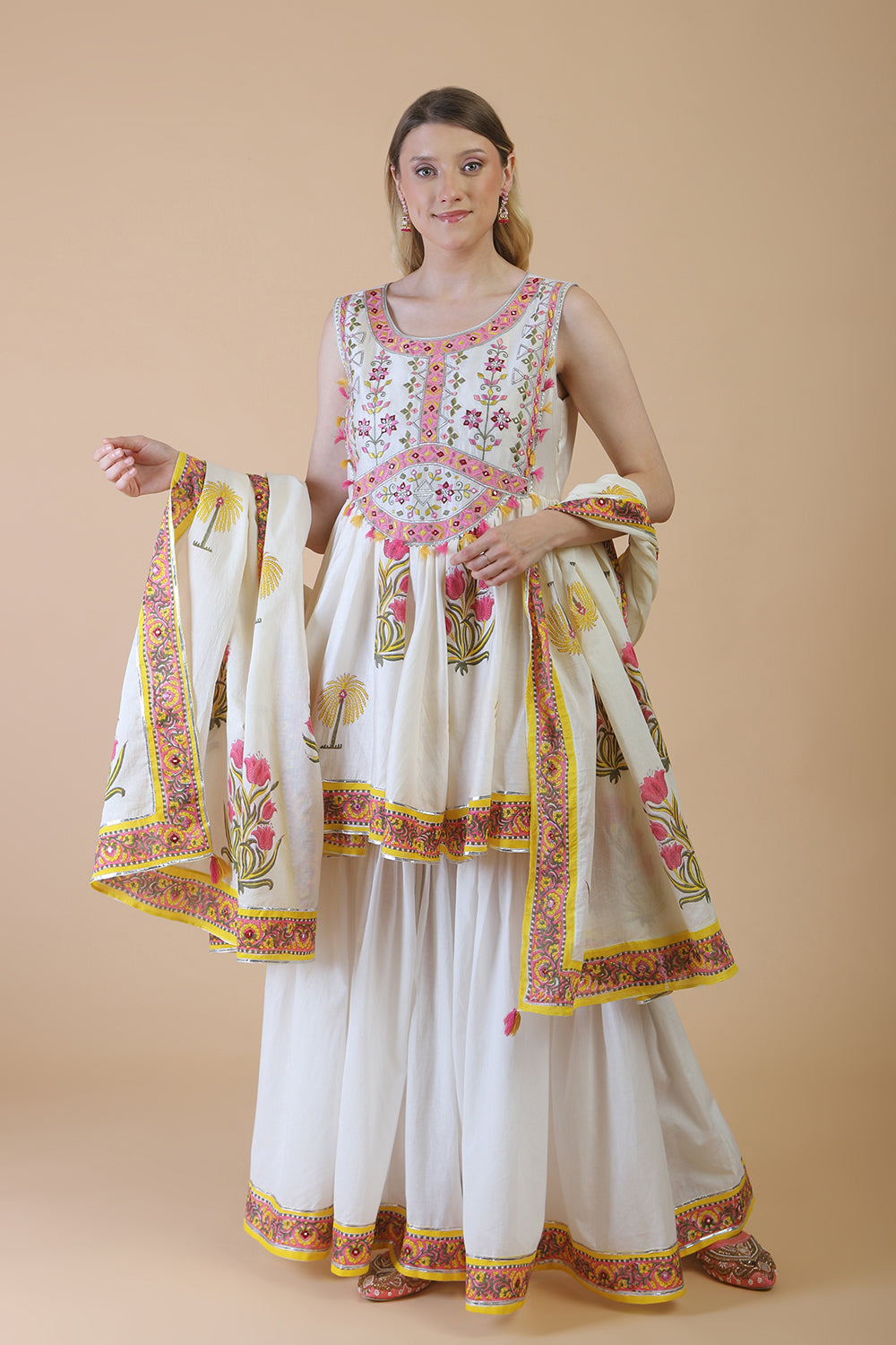 Off white block print with embroidered stylised sharara kurta set