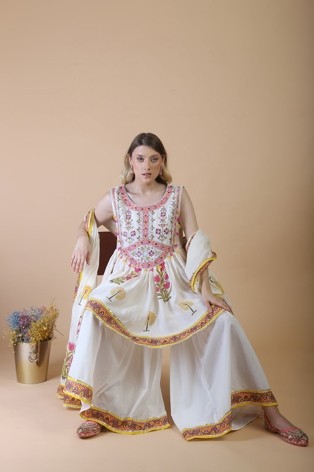 Off white block print with embroidered stylised sharara kurta set